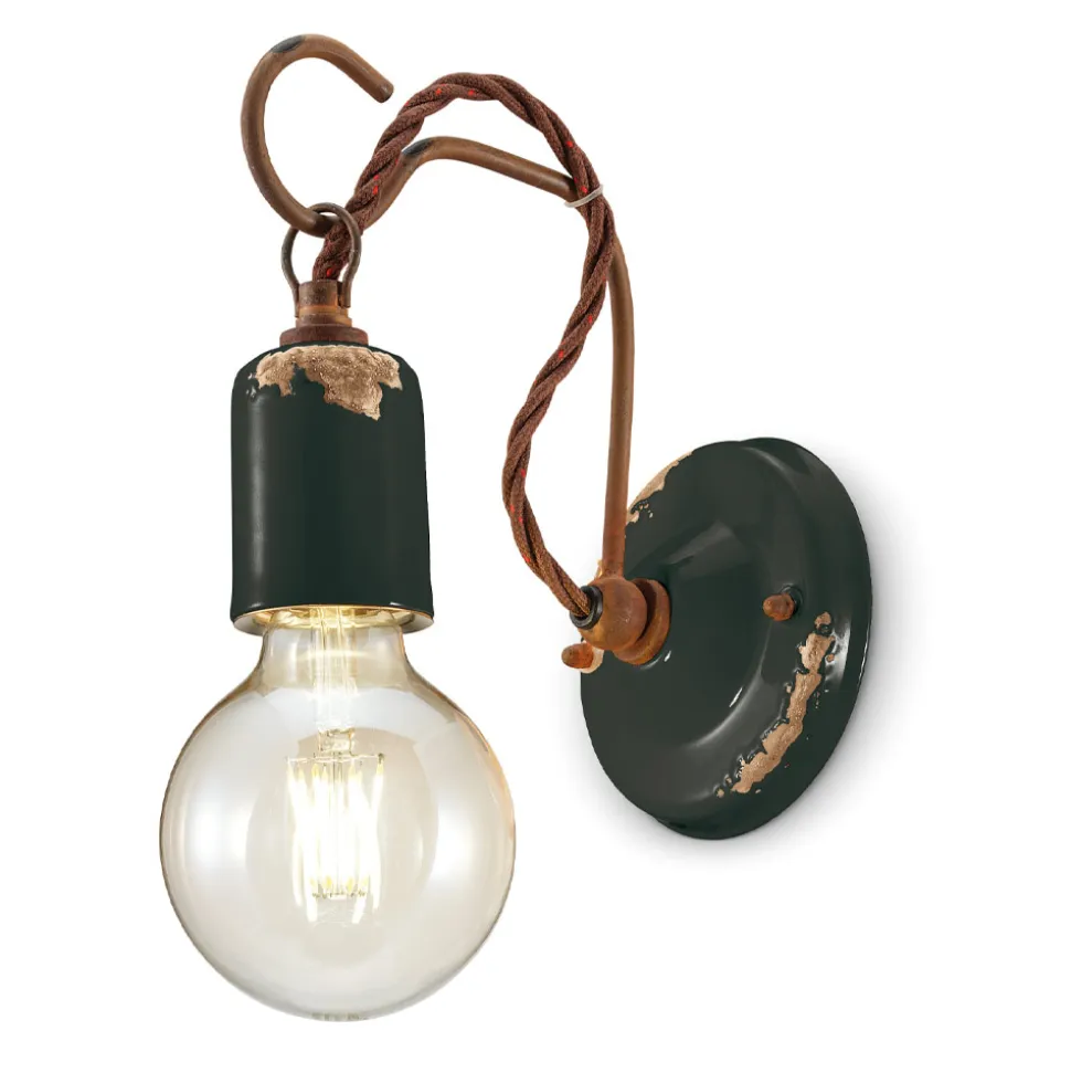 Lampada a Parete Artigianale Industriale in Ferro e Ceramica - Vintage