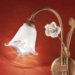 Lampada a Parete 2 Luci in Ferro e Vetro con Rosa in Ceramica - Siena