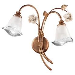 Lampada a Parete 2 Luci in Ferro e Vetro con Rosa in Ceramica - Siena