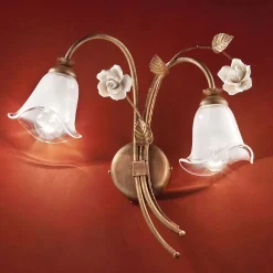 Lampada a Parete 2 Luci in Ferro e Vetro con Rosa in Ceramica - Siena