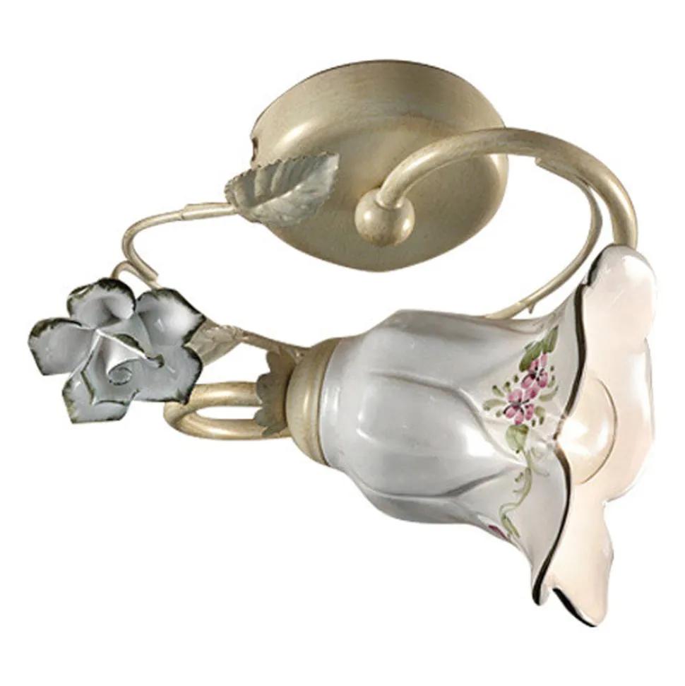 Lampada a Soffitto in Metallo e Ceramica con Rosa Dipinta a Mano - Pisa