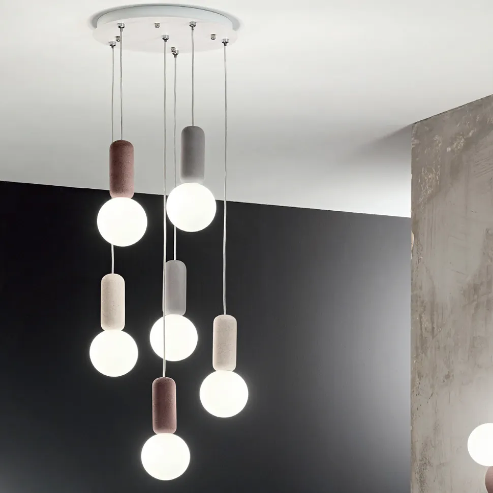 Lampada a Sospensione a 6 o 10 Luci in Cemento e Vetro Soffiato - Duster