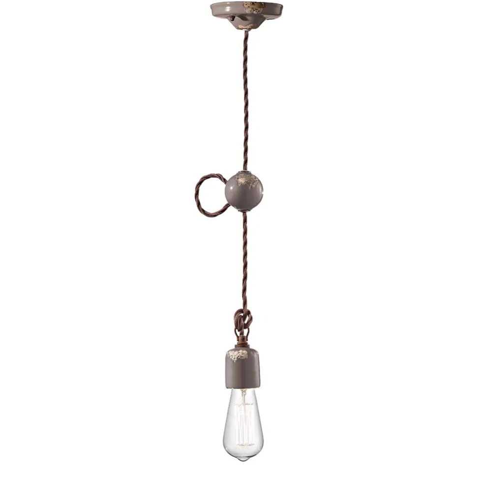 Lampada a Sospensione Artigianale Industriale in Ferro e Ceramica - Vintage