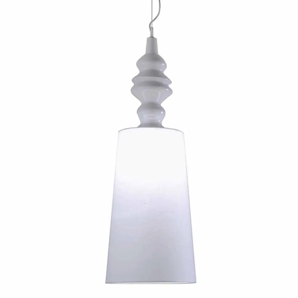 Lampada a Sospensione in Ceramica Bianca Paralume in Lino Lungo Design - Cadabra