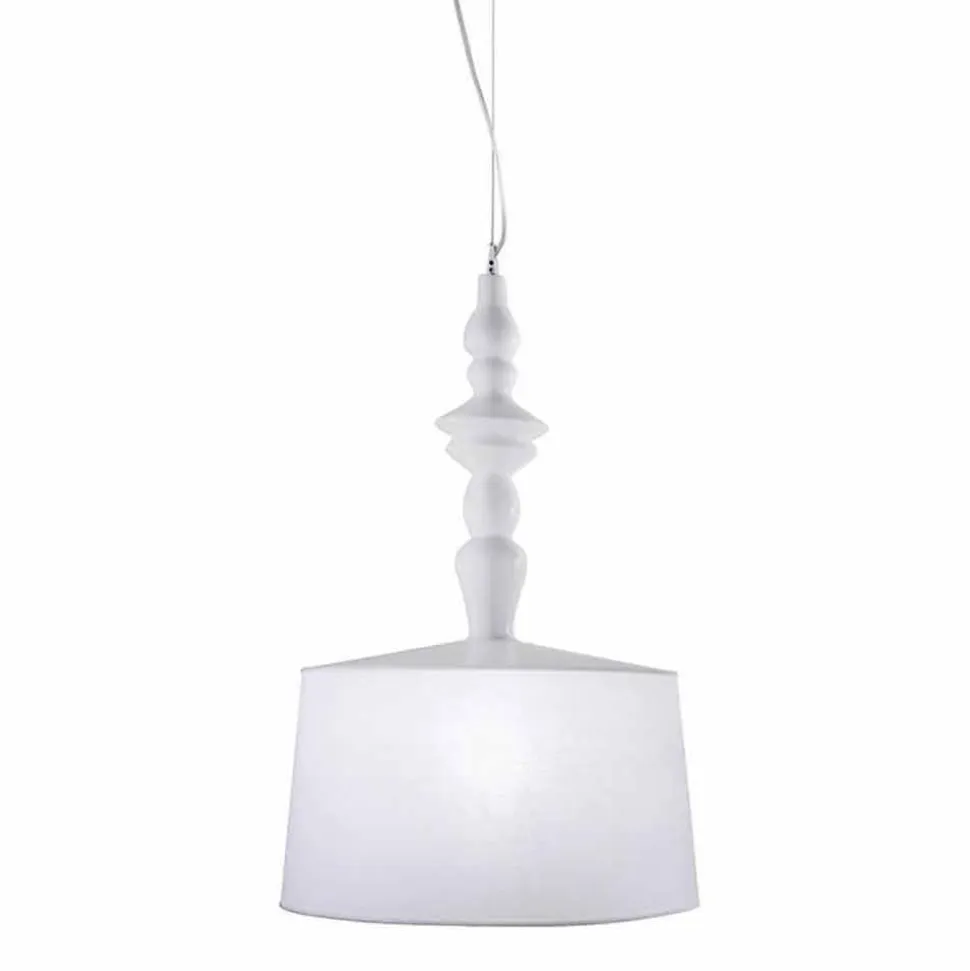 Lampada a Sospensione in Ceramica Bianca Paralume in Lino Corto Design - Cadabra