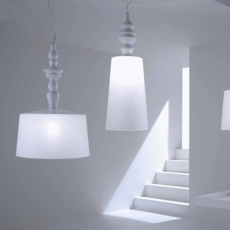 Lampada a Sospensione in Ceramica Bianca Paralume in Lino Corto Design - Cadabra