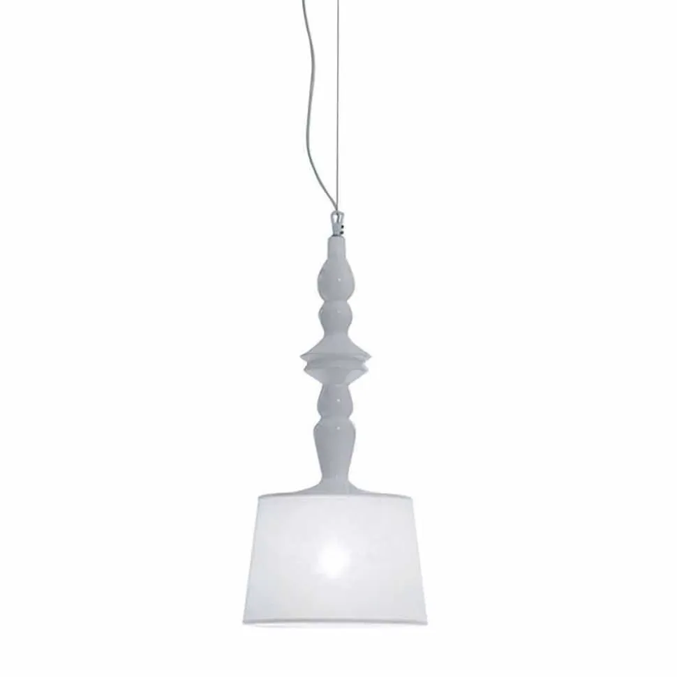 Lampada a Sospensione in Ceramica Bianca Paralume in Lino Corto Design - Cadabra