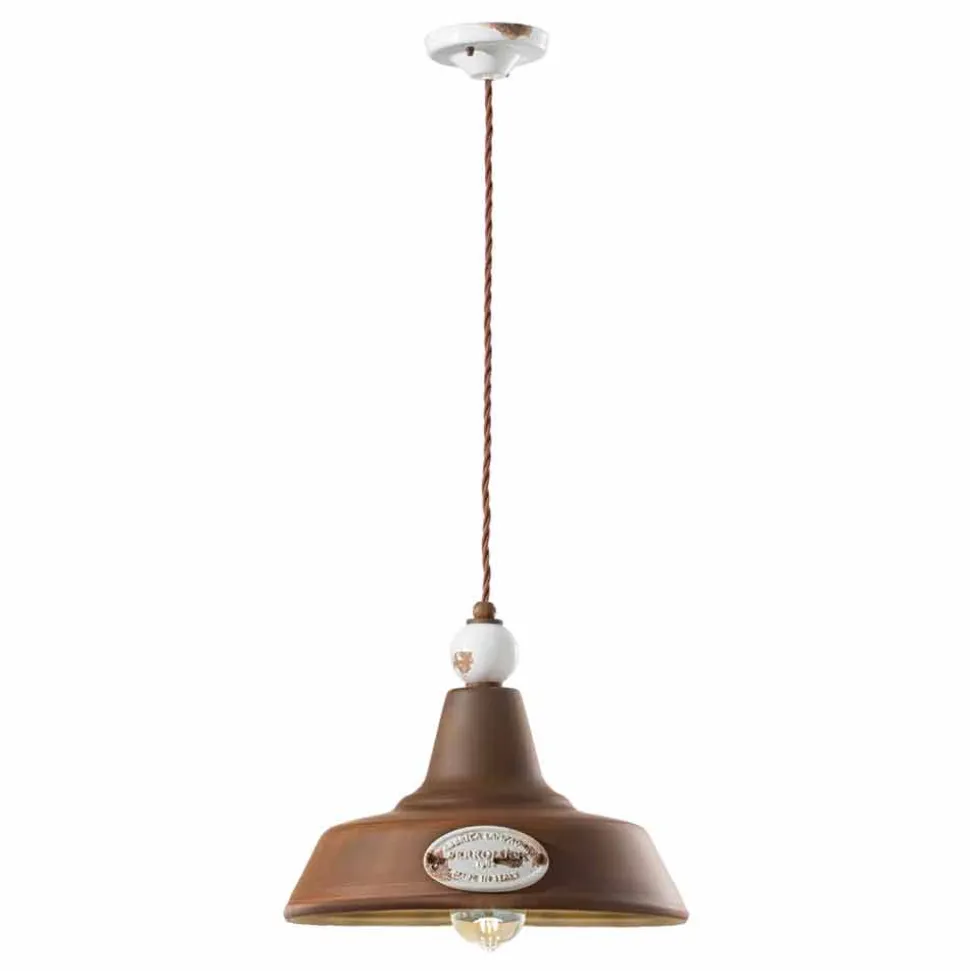 Lampada a sospensione in ferro anticato e ceramica Teresa Ferroluce