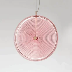 Lampada a Sospensione in Metallo e Vetro Decorato a Righe Concentriche - Bagolaro