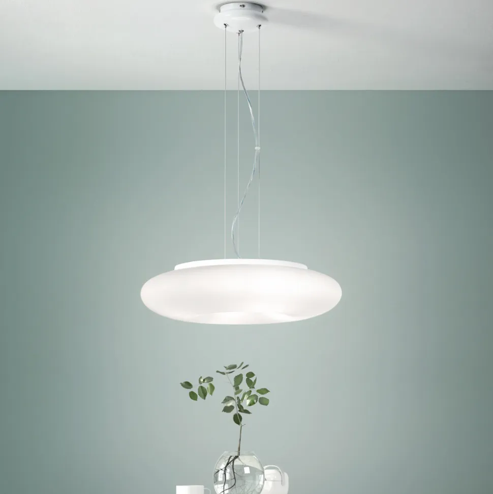 Lampada a Sospensione in Vetro Bianco Soffiato e Metallo Cromato - Ariana