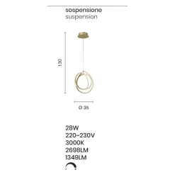 Lampada a Sospensione LED Grande o Piccola in Metallo Oro di Design - Point