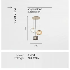 Lampada a Sospensione 3 Luci in Vetro Soffiato Colorato e Metallo - Trissa