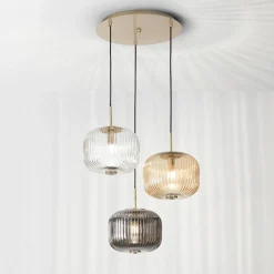 Lampada a Sospensione 3 Luci in Vetro Soffiato Colorato e Metallo - Trissa