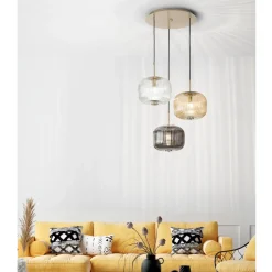Lampada a Sospensione 3 Luci in Vetro Soffiato Colorato e Metallo - Trissa