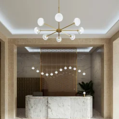 Lampada a Sospensione 8 Luci in Ottone Naturale e Vetro - Molecola by Il Fanale