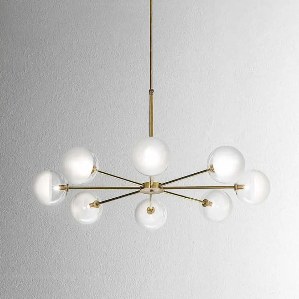 Lampada a Sospensione 8 Luci in Ottone Naturale e Vetro - Molecola by Il Fanale