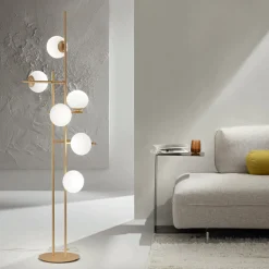 Lampada a Terra con LED in Metallo Verniciato Color Oro e Vetro Soffiato - Ailanto