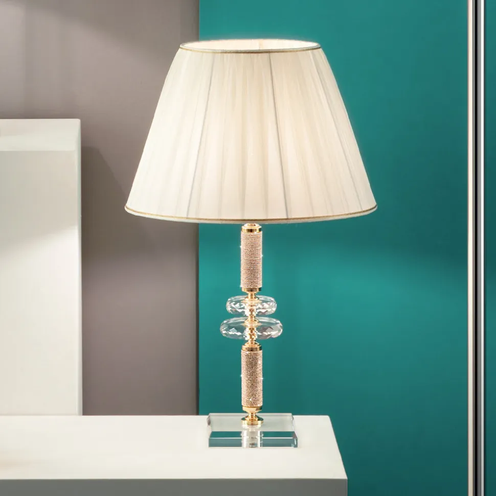 Lampada da Tavolo Classica in Metallo Oro, Cristallo e Paralume - Similo