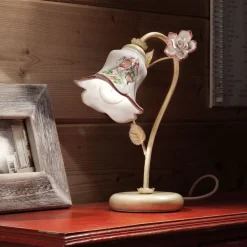 Lampada da Tavolo in Metallo e Ceramica Decorata a Mano con Rosa - Pisa