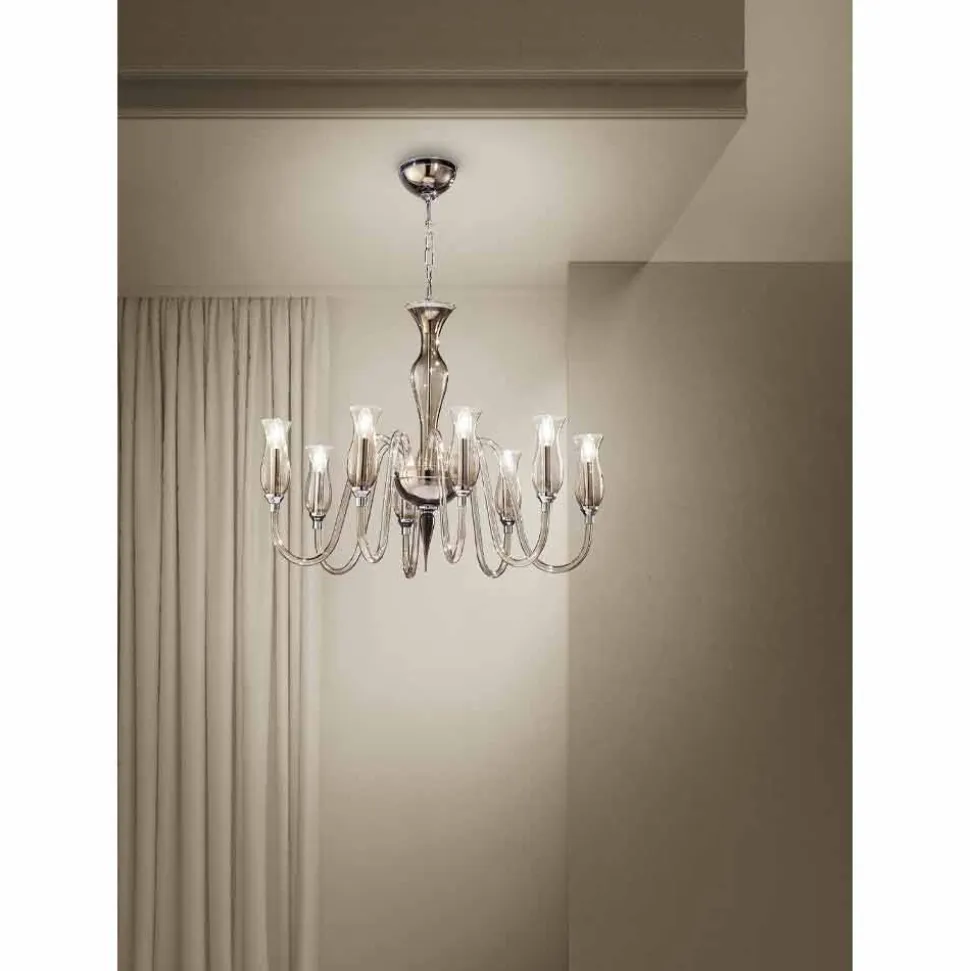 Lampadario a 8 Luci Artigianale in Vetro Veneziano Fumè Made in Italy - Vittoria