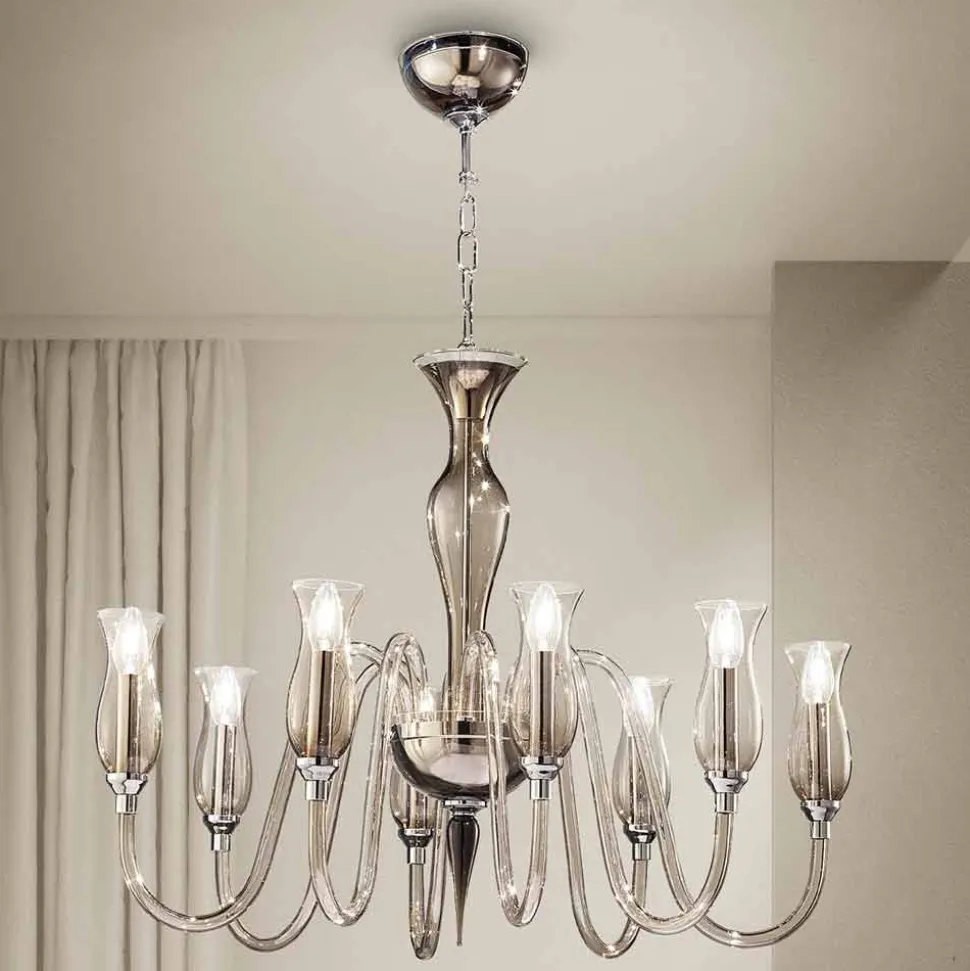 Lampadario a 8 Luci Artigianale in Vetro Veneziano Fumè Made in Italy - Vittoria