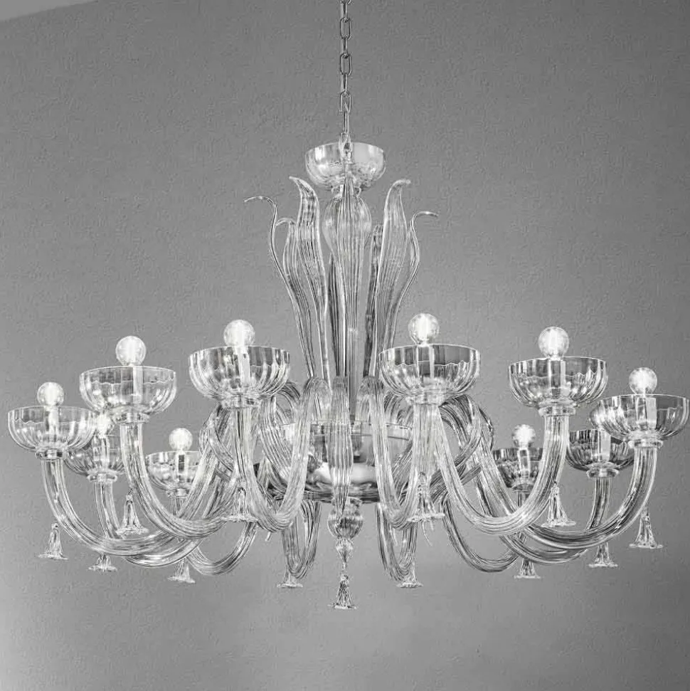 Lampadario a 12 Luci Fatto a Mano in Vetro Veneziano, Made in Italy - Regina