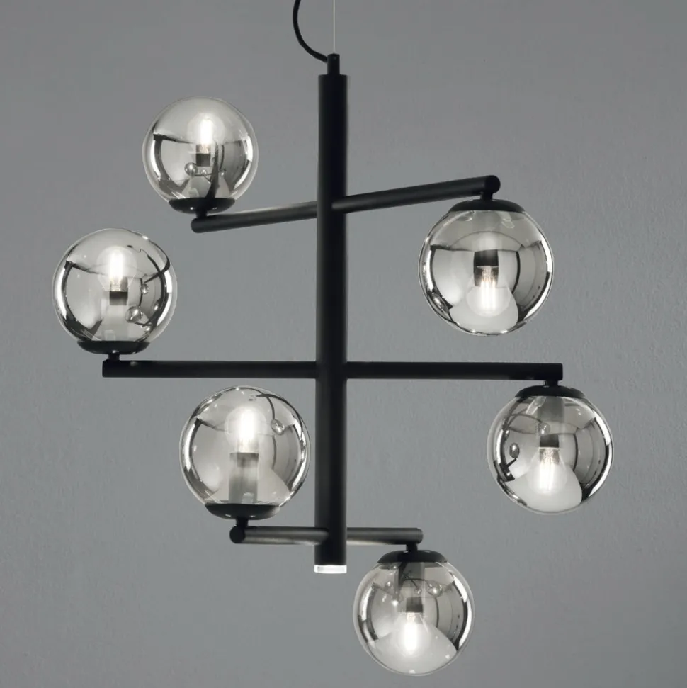 Lampadario a 6 Luci in Metallo Verniciato con Diffusori in Vetro - Lido