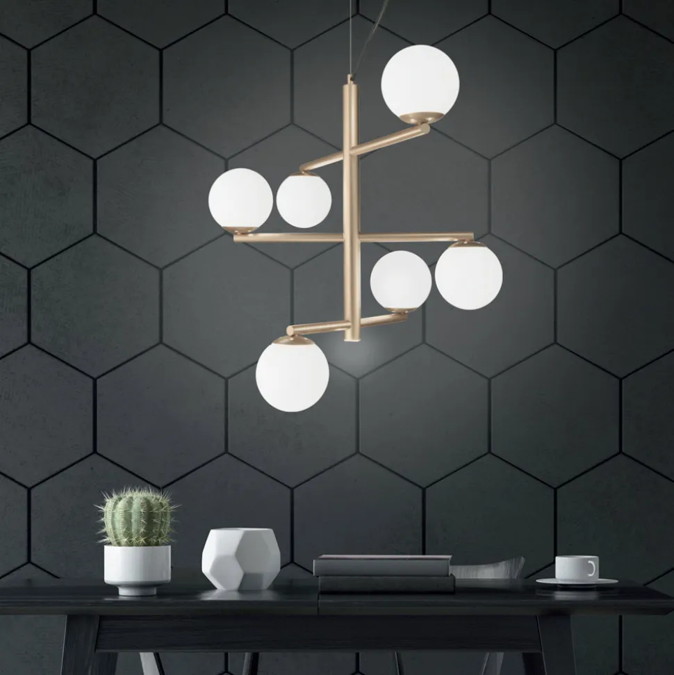 Lampadario a 6 Luci in Metallo Verniciato con Diffusori in Vetro - Lido