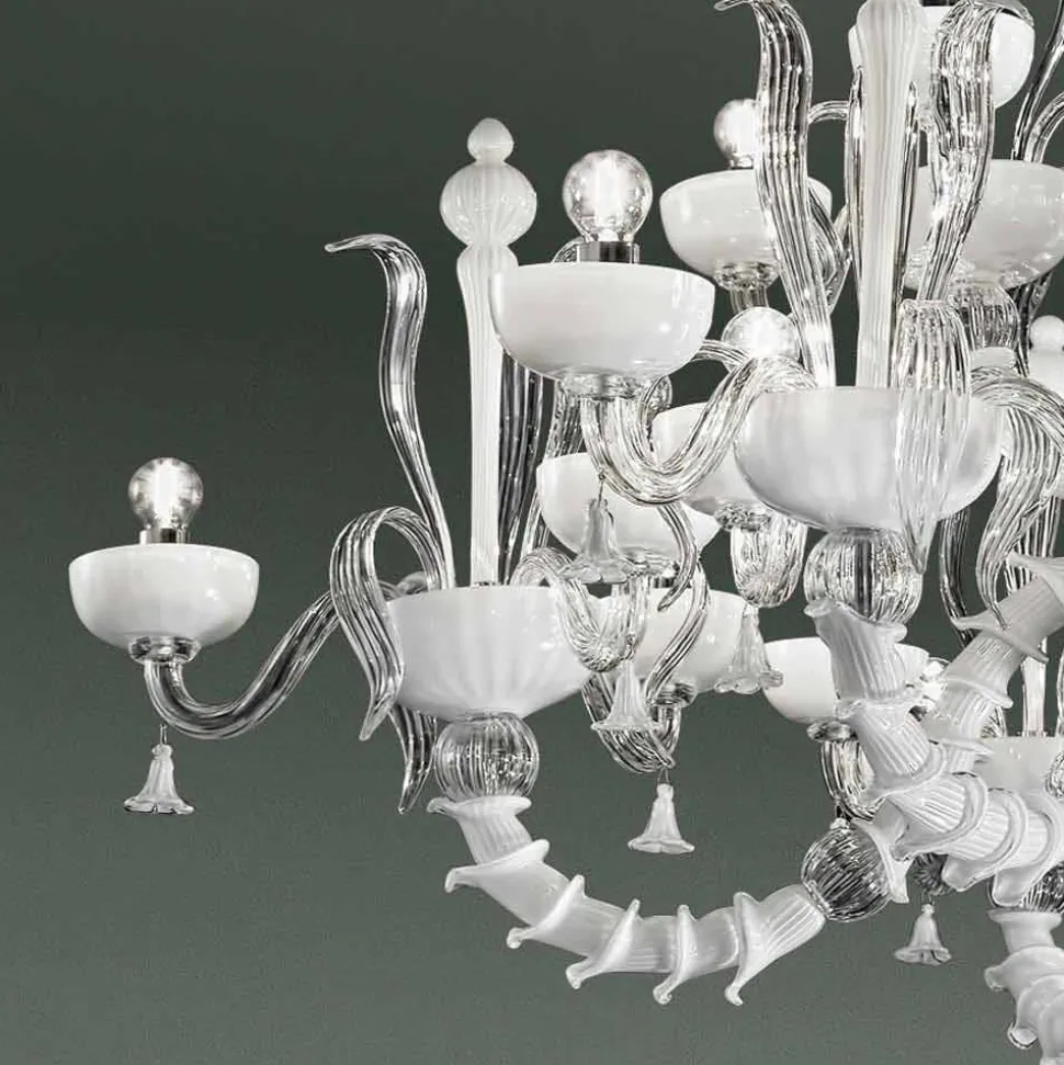 Lampadario a 27 Luci in Vetro di Venezia Bianco, Fatto a Mano in Italia - Regina
