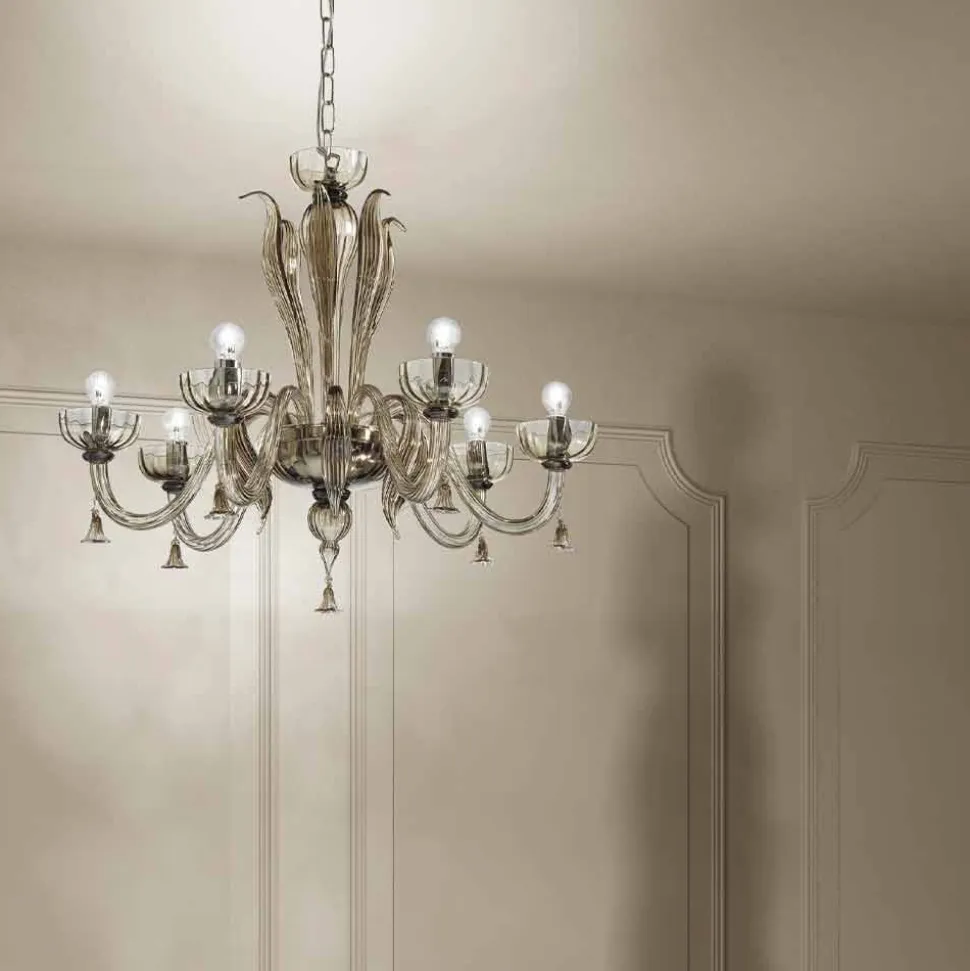 Lampadario a 6 Luci in Vetro Veneziano, Realizzato a Mano in Italia - Regina