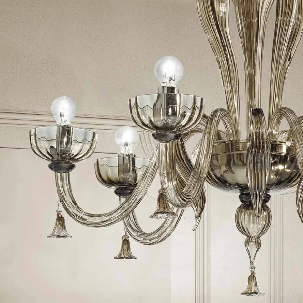 Lampadario a 6 Luci in Vetro Veneziano, Realizzato a Mano in Italia - Regina