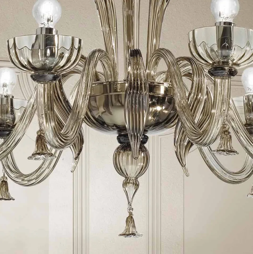 Lampadario a 6 Luci in Vetro Veneziano, Realizzato a Mano in Italia - Regina