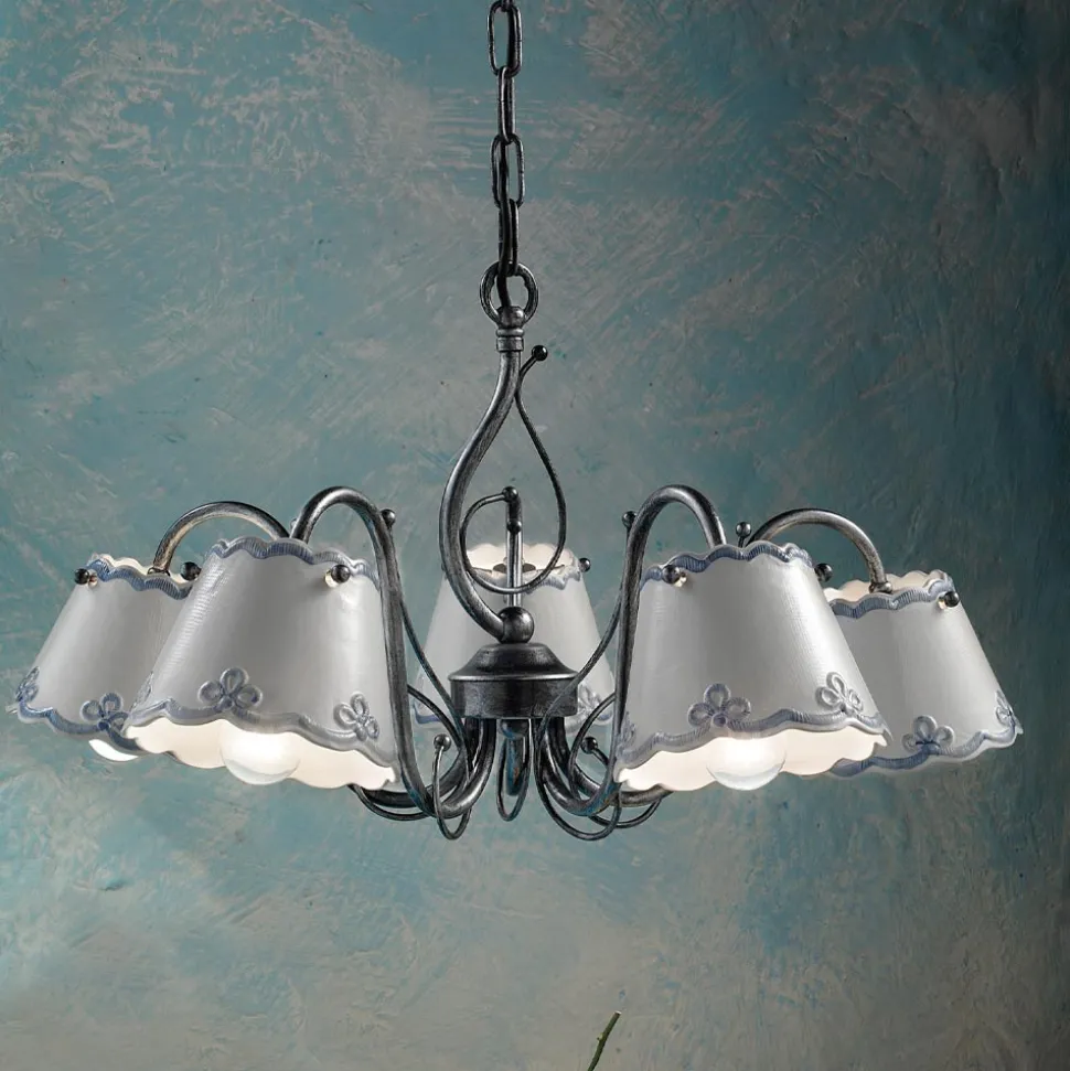 Lampadario a 3 o 5 Luci in Ceramica Effetto Ricamo Dipinta a Mano - Ravenna