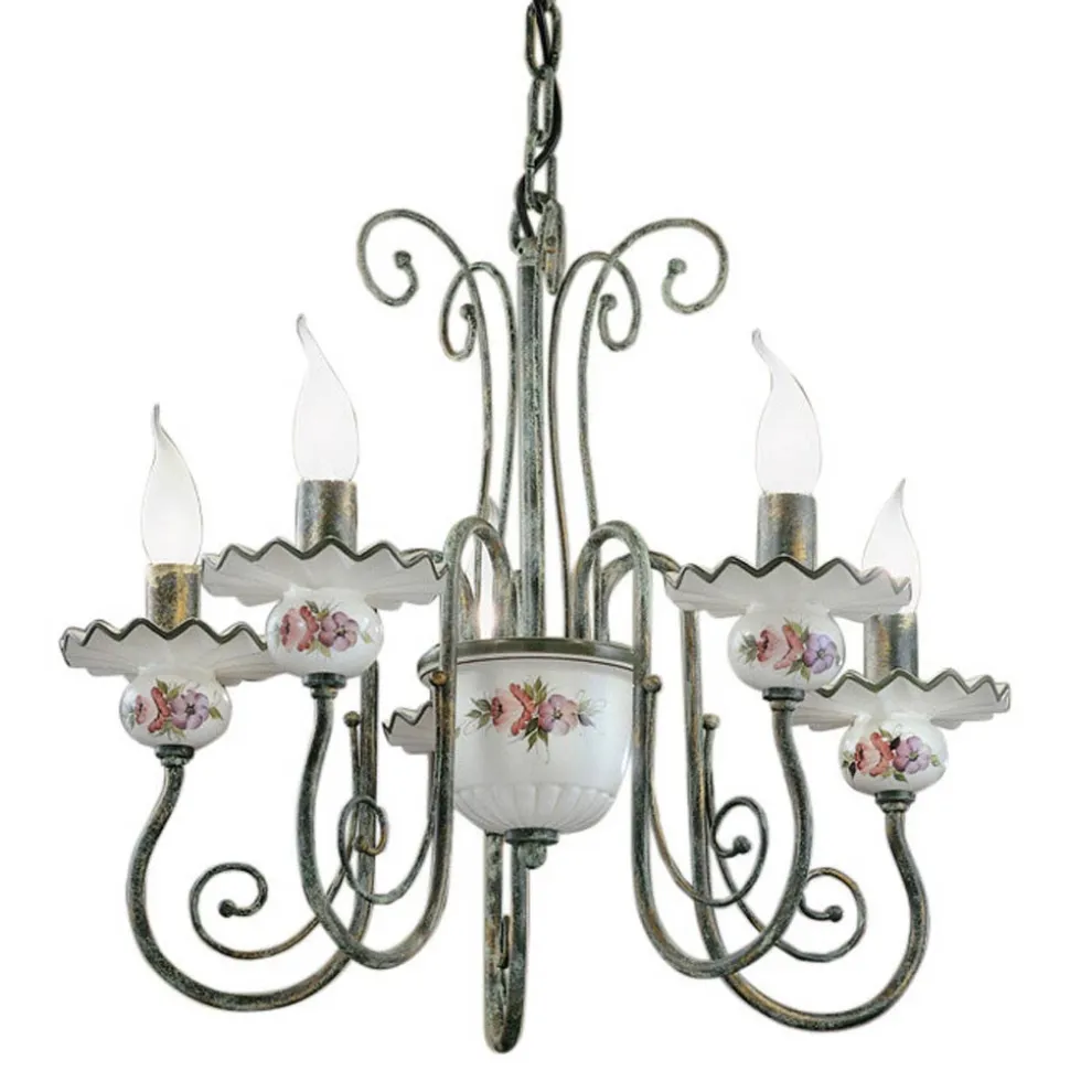 Lampadario Artigianale Ceramica Decoro a Mano e Ottone Anticato - Sanremo
