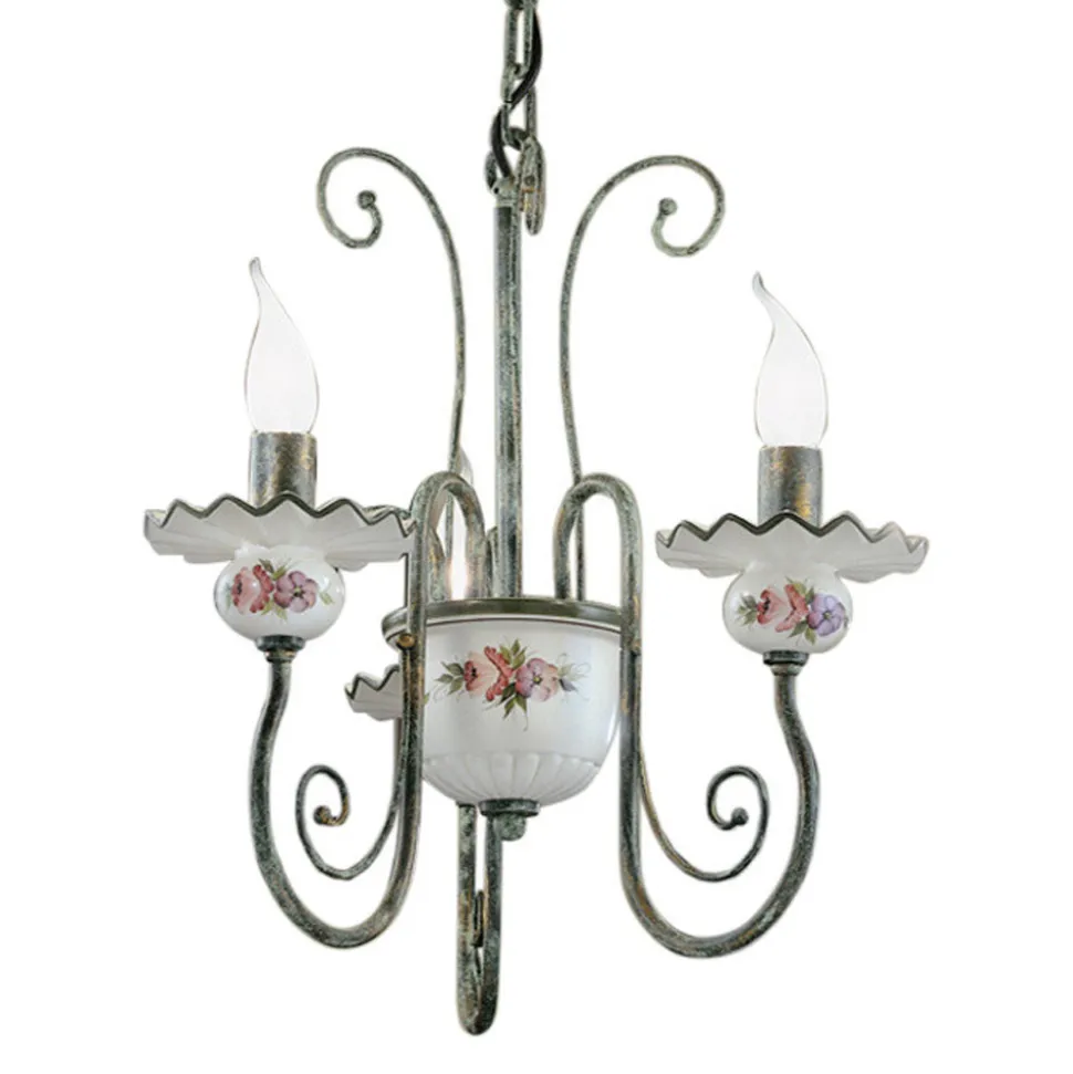 Lampadario Artigianale Ceramica Decoro a Mano e Ottone Anticato - Sanremo