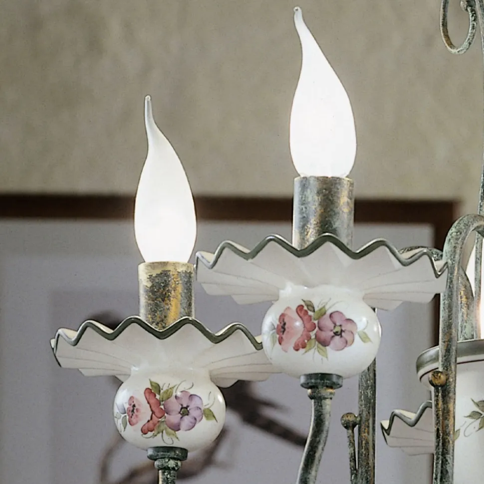 Lampadario Artigianale Ceramica Decoro a Mano e Ottone Anticato - Sanremo