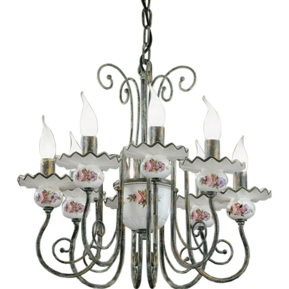 Lampadario Artigianale Ceramica Decoro a Mano e Ottone Anticato - Sanremo