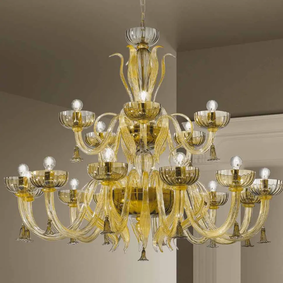 Lampadario Artigianale da 18 Luci in Vetro di Venezia, Made in Italy - Regina
