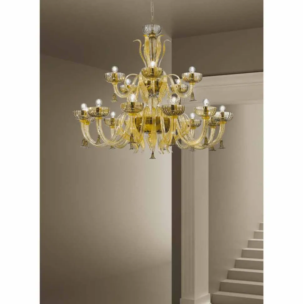 Lampadario Artigianale da 18 Luci in Vetro di Venezia, Made in Italy - Regina