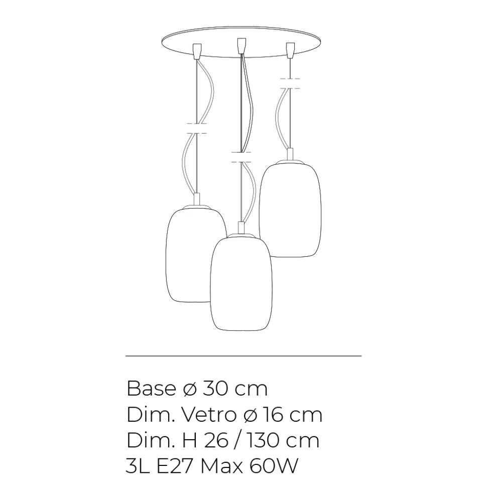 Lampadario a Tre Lumi e Barra Circolare in Vetro Soffiato Made in Italy - Soffio