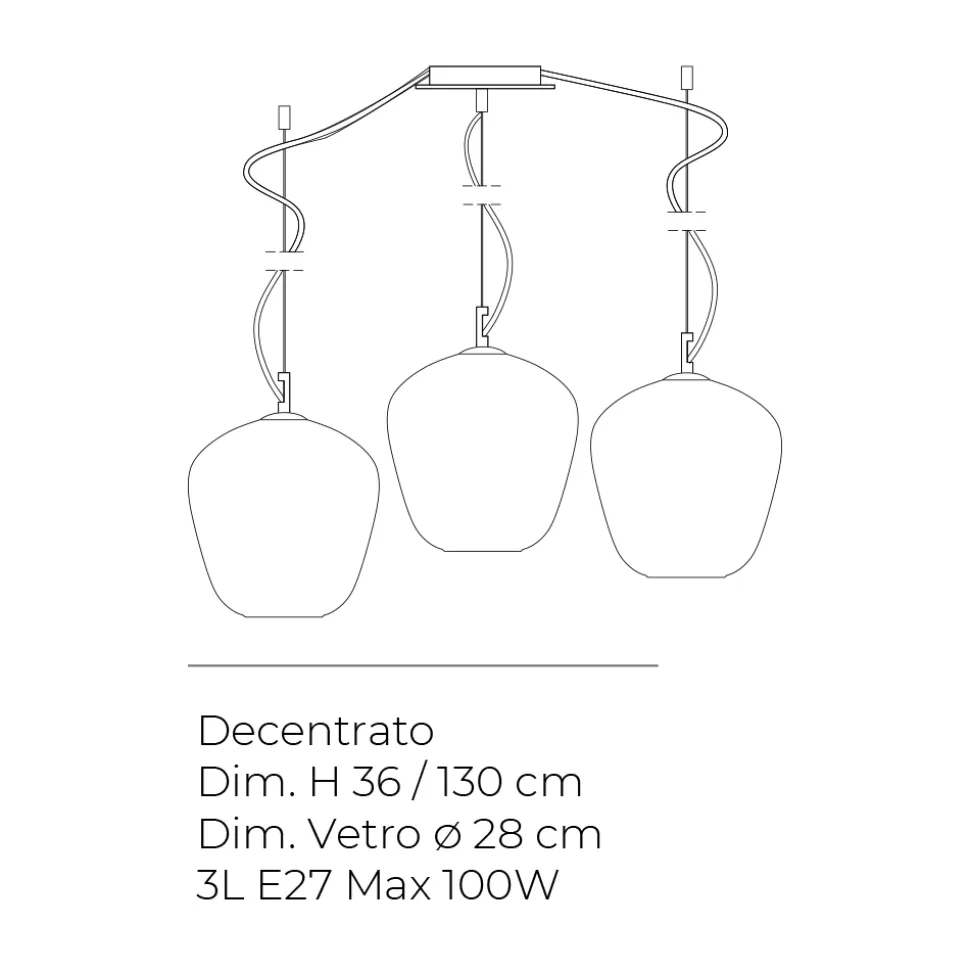 Lampadario a Tre Lumi Grandi Decentrati in Vetro Soffiato Made in Italy - Elisia