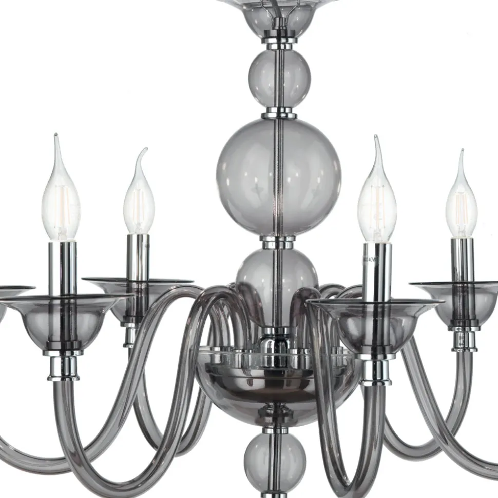 Lampadario Classico 6 Luci Vetro Fumè a Mano Italiano e Metallo - Memore