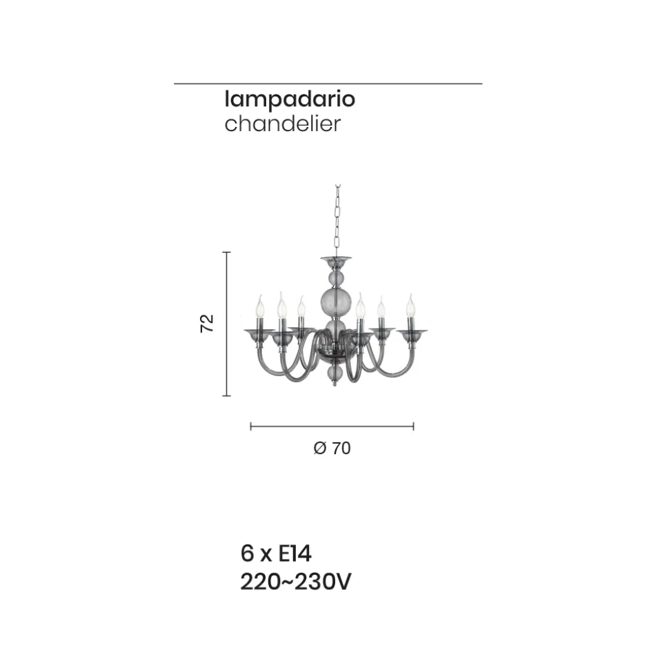 Lampadario Classico 6 Luci Vetro Fumè a Mano Italiano e Metallo - Memore