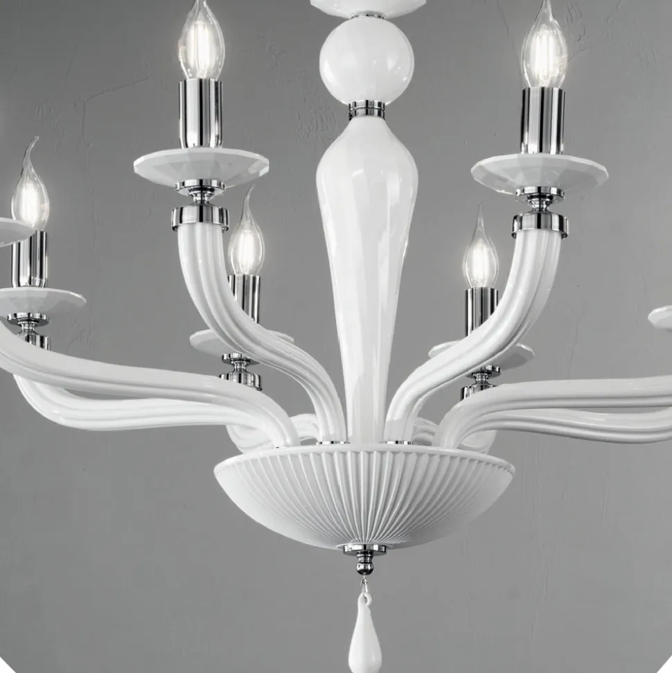 Lampadario Classico 8 Luci Vetro Fatto a Mano Rigaton e Metallo - Fievole