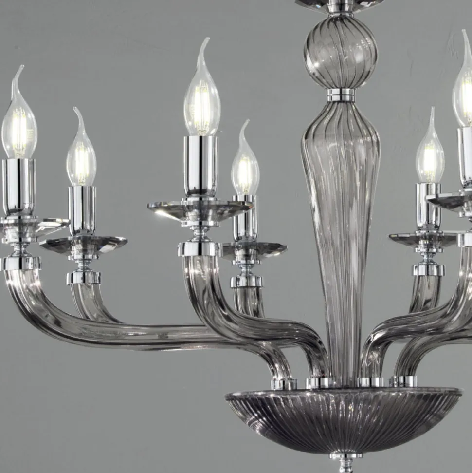 Lampadario Classico 8 Luci Vetro Fatto a Mano Rigaton e Metallo - Fievole