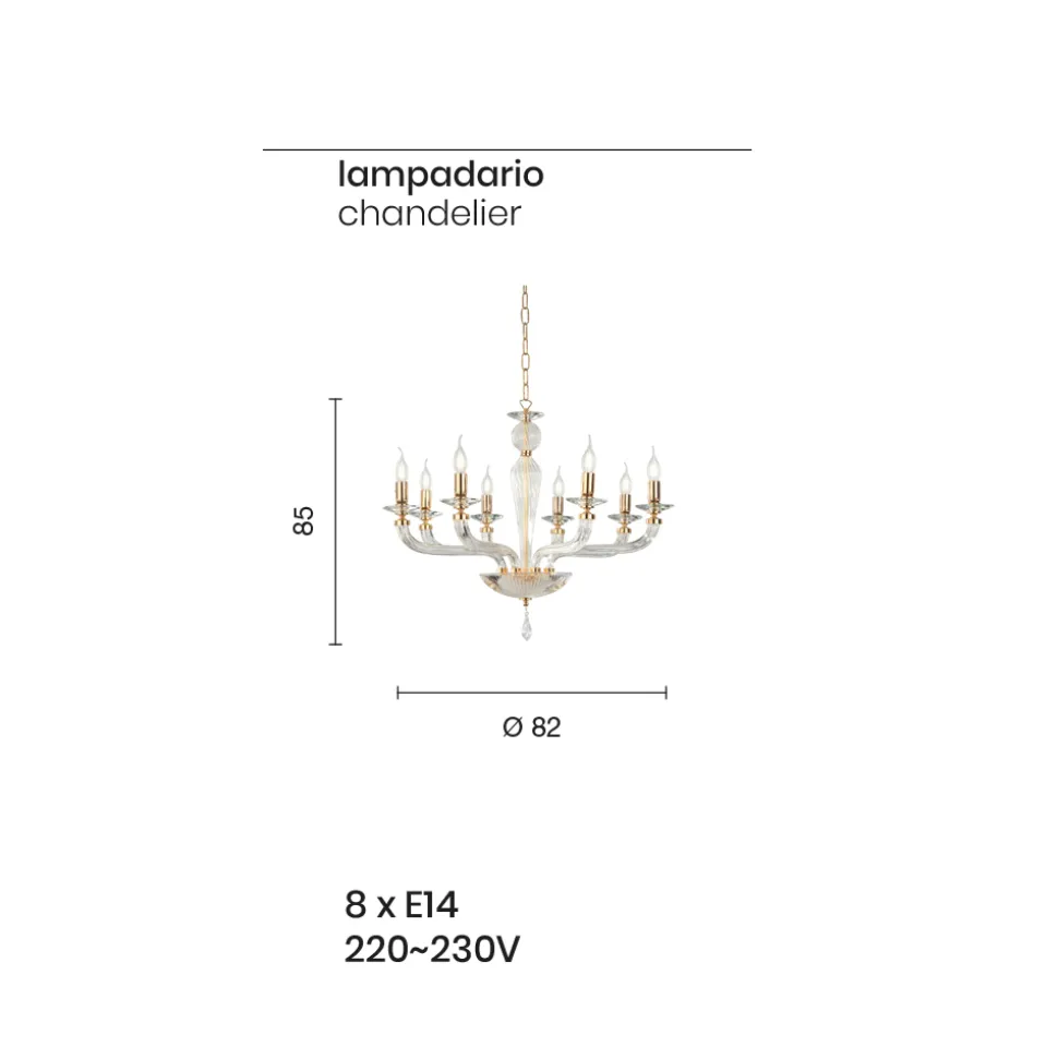 Lampadario Classico 8 Luci Vetro Fatto a Mano Rigaton e Metallo - Fievole