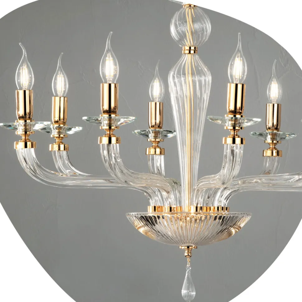 Lampadario Classico 8 Luci Vetro Fatto a Mano Rigaton e Metallo - Fievole