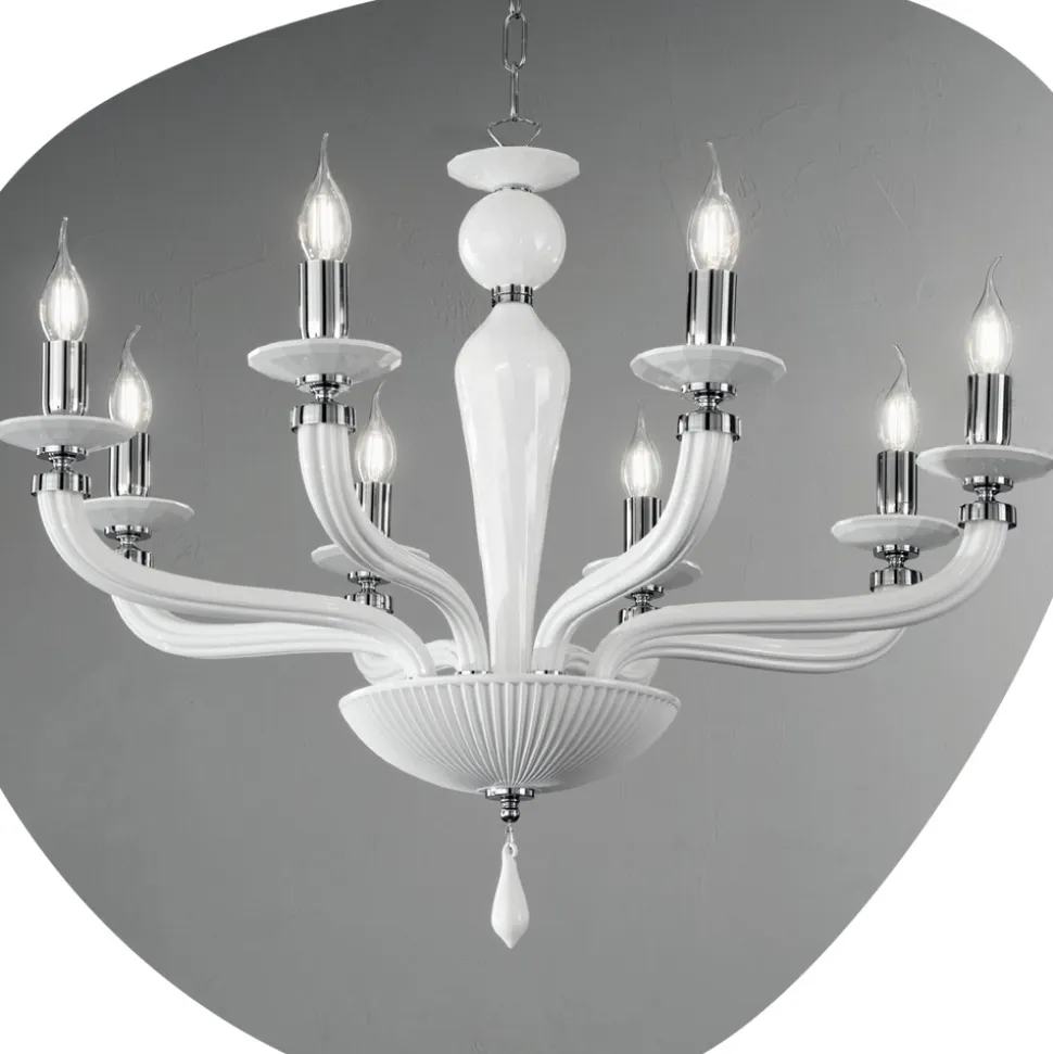 Lampadario Classico 8 Luci Vetro Fatto a Mano Rigaton e Metallo - Fievole