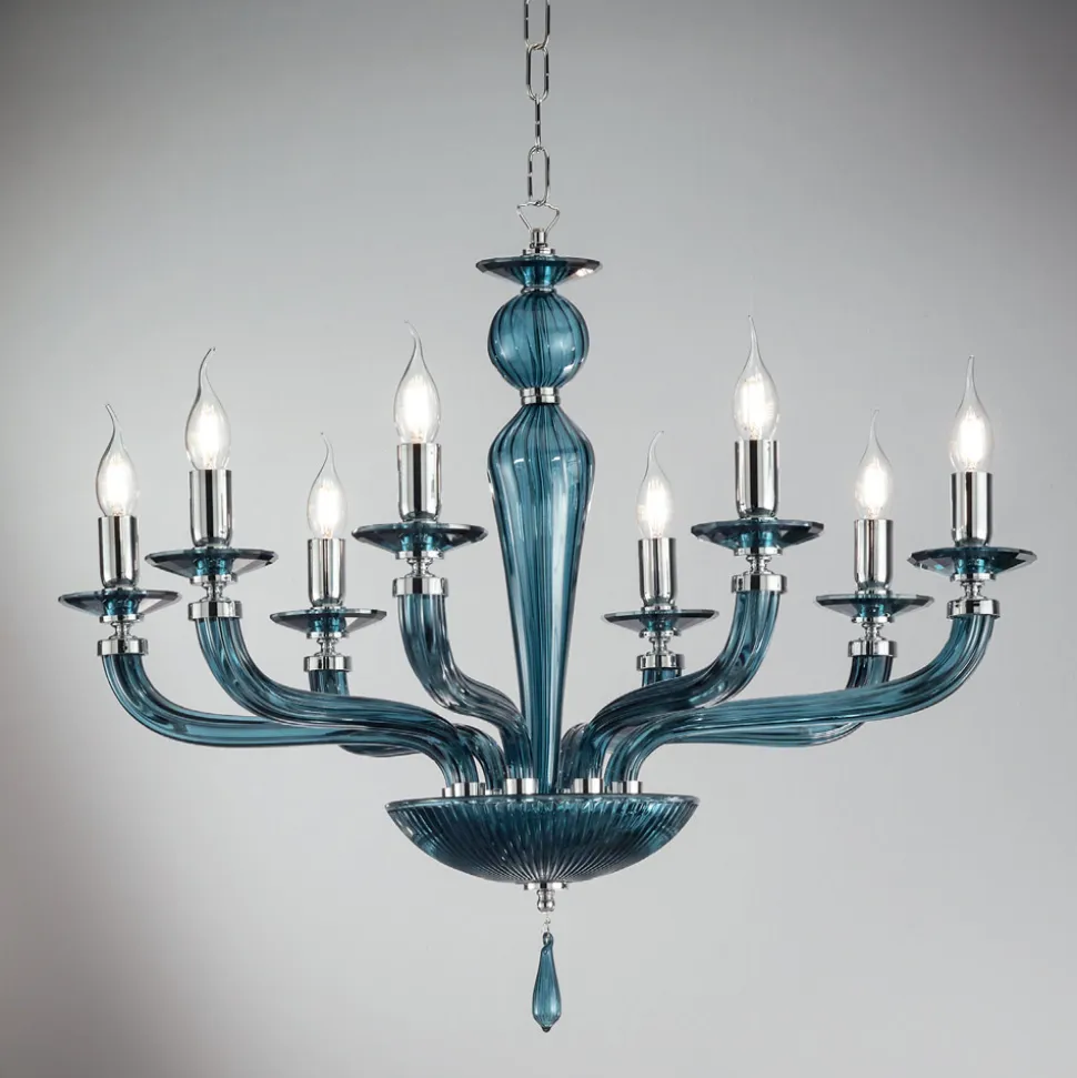 Lampadario Classico 8 Luci Vetro Fatto a Mano Rigaton e Metallo - Fievole