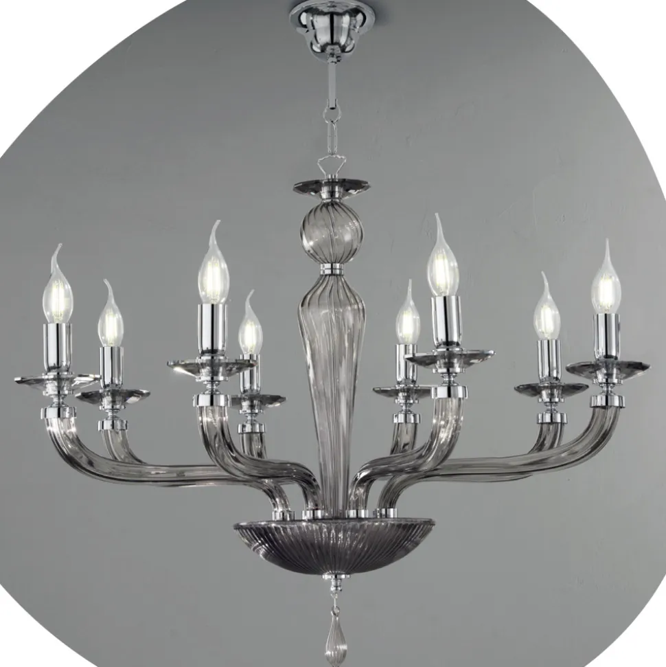 Lampadario Classico 8 Luci Vetro Fatto a Mano Rigaton e Metallo - Fievole